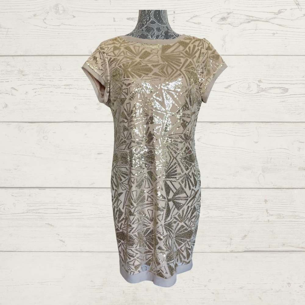 Vince Camuto Sleeveless Party cocktail shift Dress Gold Sequin Size 12